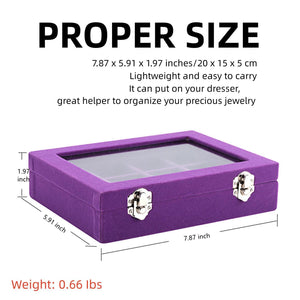 Ivosmart 24 Section Velvet Glass Jewelry Ring Display Organiser Box Tray Holder Earrings Storage Case (Purple)