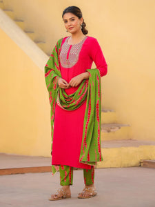 Gosriki Women'S Rayon Blend Embroidered Straight Kurta With Pant & Dupatta (Dhaya Pink-Gs_L_Pink_Large),Pink,,B0CYH424BX