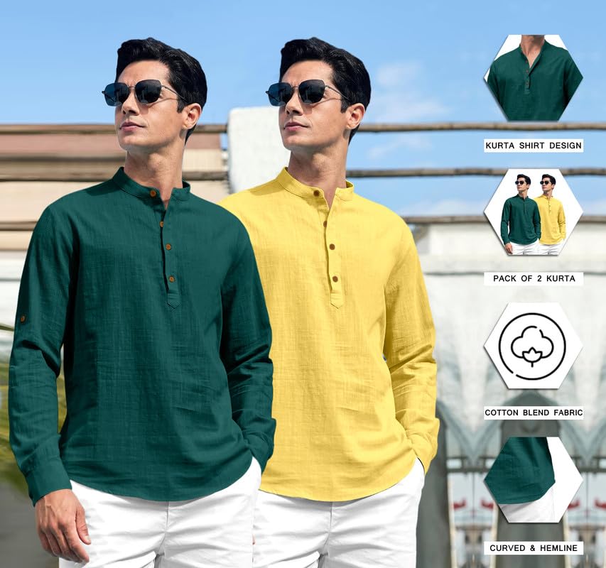 Royalscout Combo Of Men'S Solid Cotton Blend Full Sleeve Straight Kurta Shirt (Pack Of 2) Green-Yellow