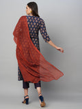 Gosriki Women'S Cotton Blend Straight Printed Kurta With Pant & Dupatta (Chachu Blue-Gs_Xl_Blue_X-Large),Blue,,B0CGD52JV9