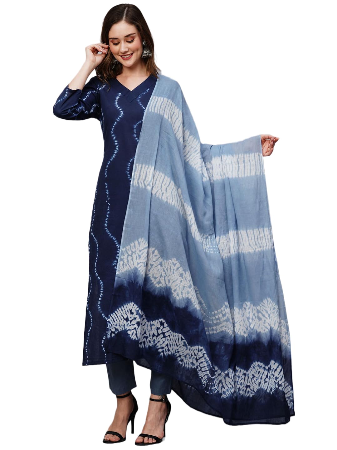 Gosriki Women'S Cotton Blend Straight Printed Kurta With Pant & Dupatta (Urmila Blue-Gs_M_Blue_Medium),Blue,,B0C7W3Z231