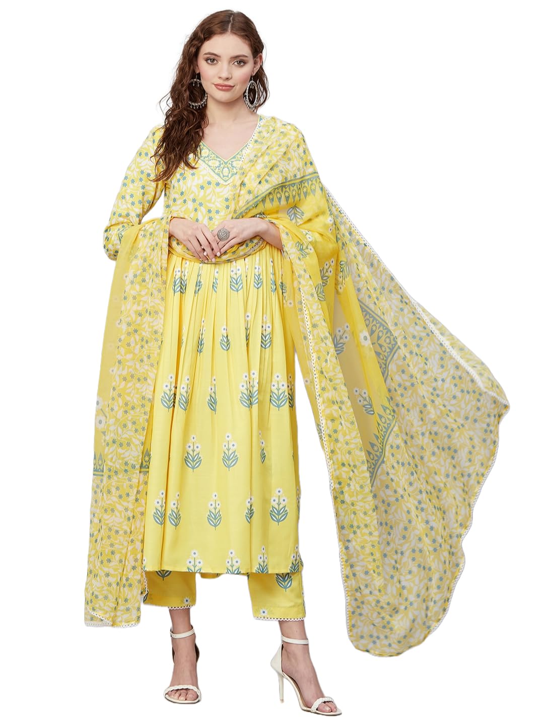 Gosriki Women'S Rayon Anarkali Printed Kurta With Pant & Dupatta (Renu-Yellow-Gs_S_Yellow_Small),Yellow,,B0CFLZST4B