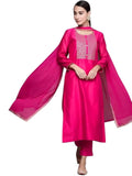 Anni Designer Women'S Cotton Blend Embroidered Straight Kurta With Pant & Dupatta (Lissy Pink New_L_Pink_Large),Pink,L
