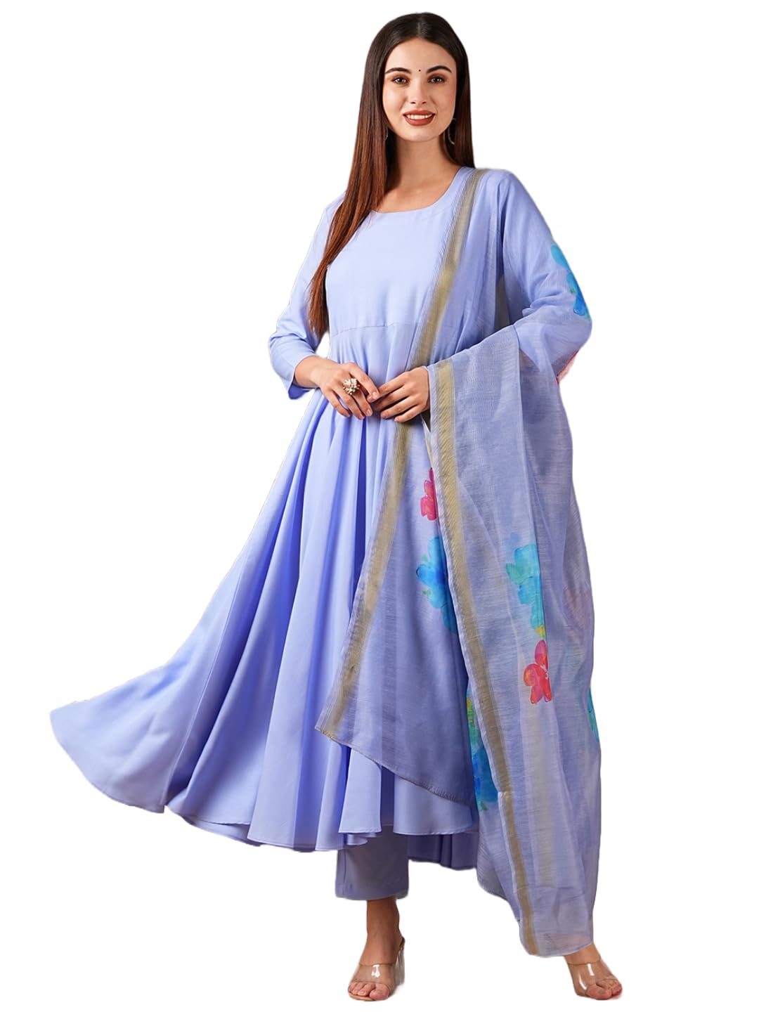 Gosriki Women'S Cotton Blend Anarkali Solid Kurta With Pant & Dupatta (Saniba Purple-Gs_M_Purple_Medium),Purple,,B0D5VJRNDT
