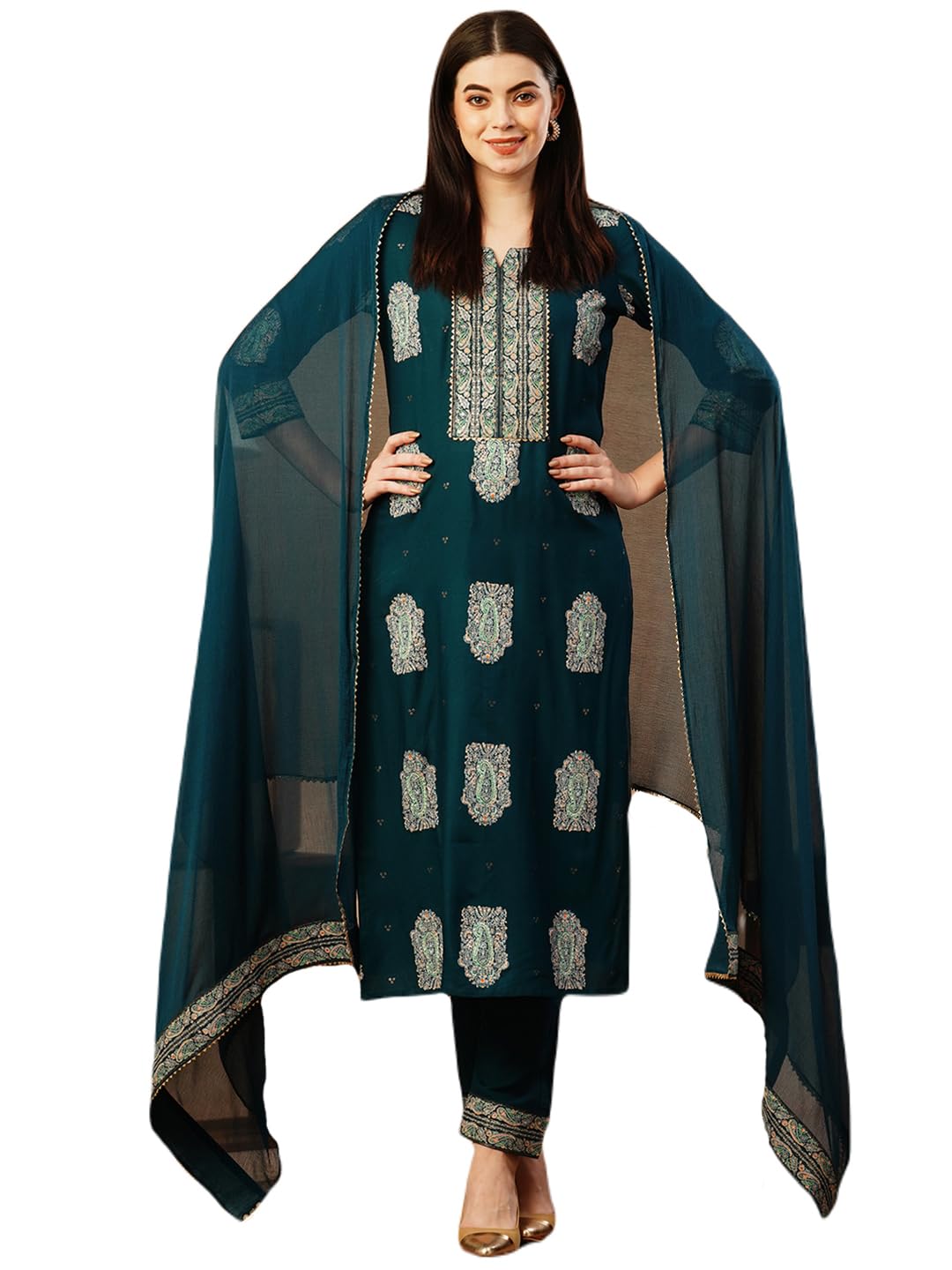 Gosriki Women'S Cotton Blend Straight Printed Kurta With Pant & Dupatta (Carla Blue-Nw-Gs_L_Blue_Large),Blue,,B0CTXHWVPP