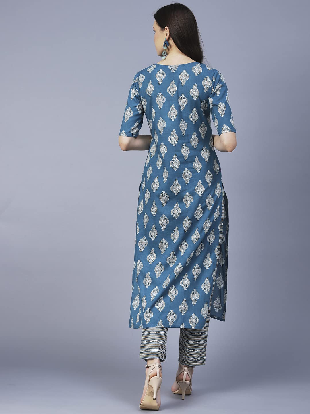 Anni Designer Women'S Cotton Blend Printed Straight Kurta With Pant (Shagun-Blue_S_Blue_Small),Blue,S,Cotton Blend,Regular,Pants