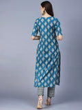 Anni Designer Women'S Cotton Blend Printed Straight Kurta With Pant (Shagun-Blue_S_Blue_Small),Blue,S,Cotton Blend,Regular,Pants