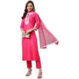Anni Designer Women'S Cotton Blend Straight Embroidered Kurta With Pant & Dupatta (Jagtara Pink_Xl_Pink_X-Large),Pink,XL