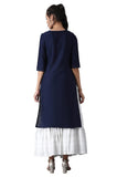W For Woman Cotton Blue Solid Kurta With Embroidery On Yoke Peacoat Blue M