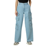 Women Blue High Waist Straight Fit Cargo Jeans