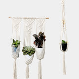 Lazy Gardener Macrame Plant Wall Hanger, Handmade100% Organic Cotton (Triple Plant Hanger + Beads Knotted Cream), 1 Piece