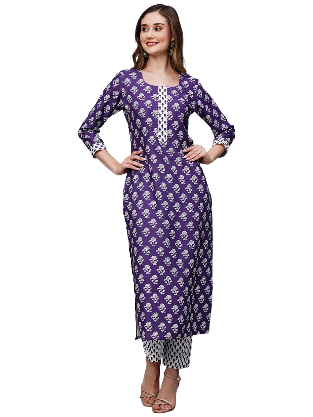 Anni Designer Women'S Cotton Blend Straight Printed Kurta With Pant (Gulgula Begani-Nw_L_Purple_Large),Purple,L