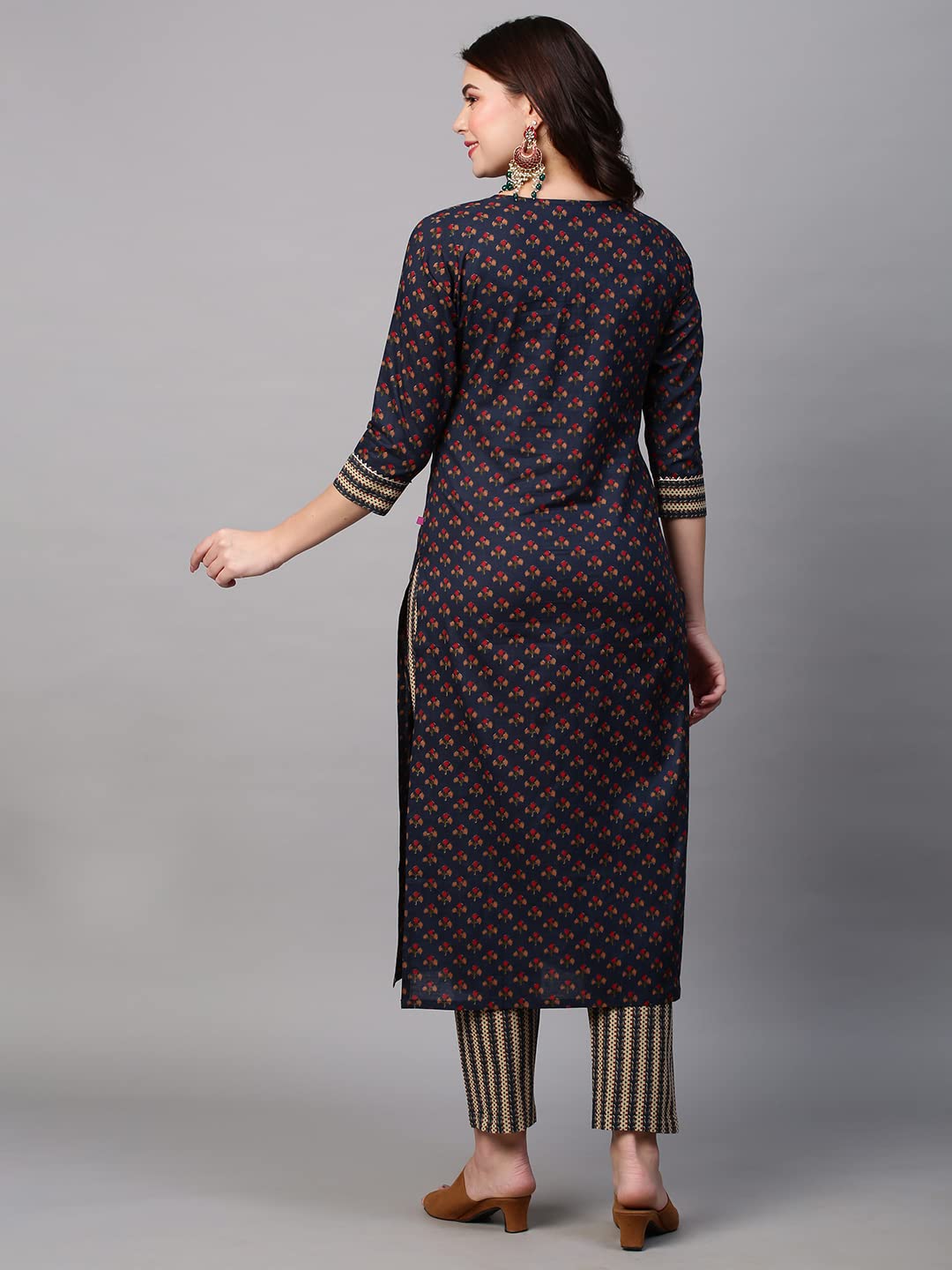 Anni Designer Women'S Cotton Blend Printed Straight Kurta With Pant (Satku Dark Blue-Nw_L_Dark Blue_Large),Dark Blue,L,Cotton Blend,Regular,Pants