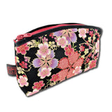 Small Makeup Bag for Purse [ Made in Japan] Traditional Edo Komon Design Cute Cosmetic Pouch (Cherry Blossom (Black/Pink))