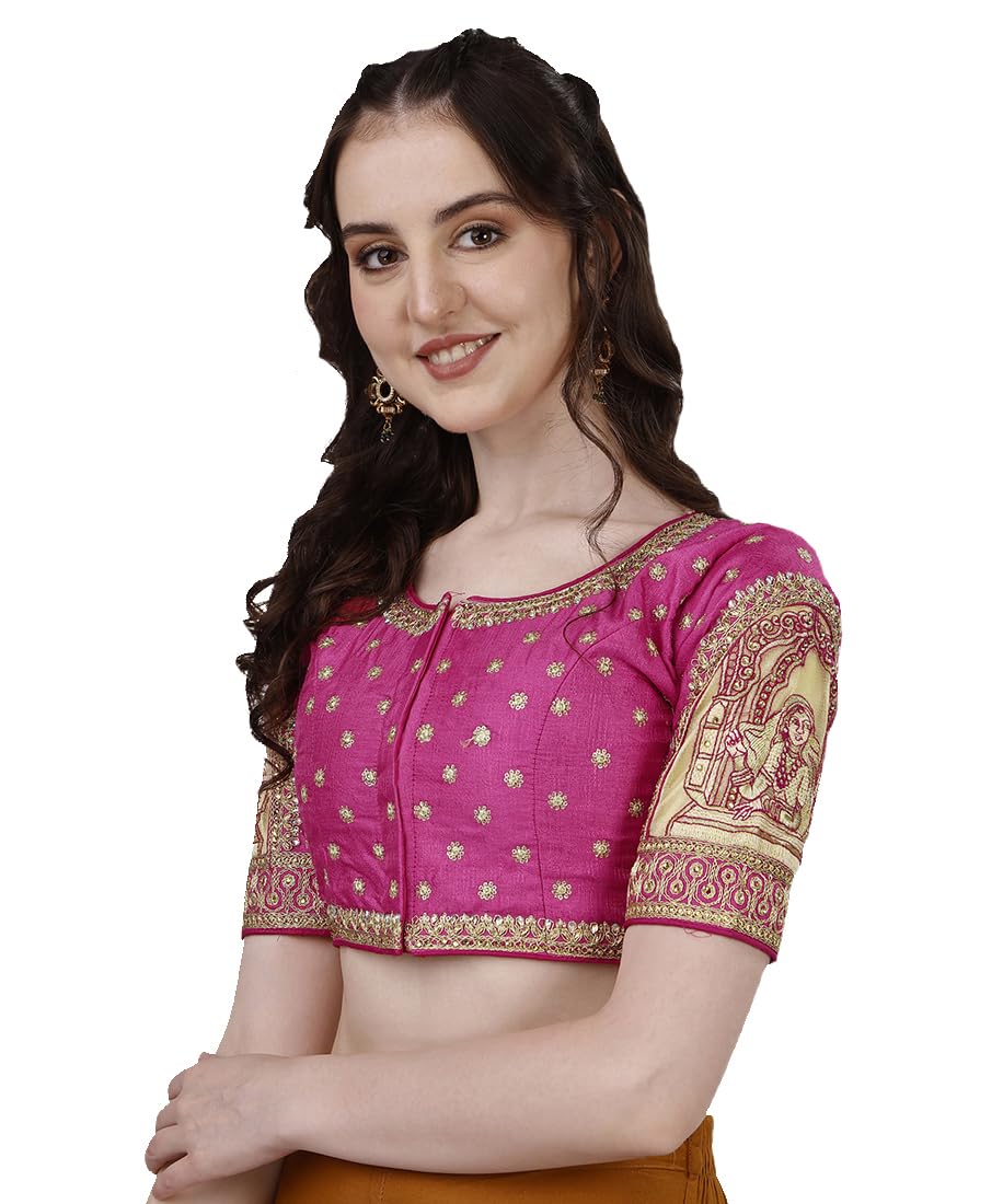 Vihu Fashion Women's Heavy Embroidery Coding with Sequins and Diamond Work Half Sleeves Fancy Cutwork Readymade Saree Blouse.(Pa