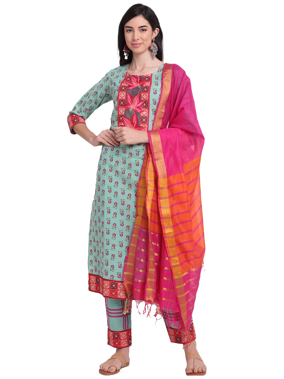 Anni Designer Women'S Cotton Straight Kurta With Pant & Dupatta (Dona Sea Green_Xl_Sea Green_X-Large),Sea Green,XL