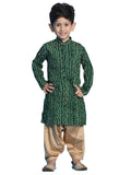 Vastramay Boys Green And Rose Gold Kurta Patiala Set | Gold Bandhani And Foil Print Rayon Kurta With Pyjama For Navratri Diwali & Festive Celebrations - Stylish And Comfortable Indian Outfit For Kids