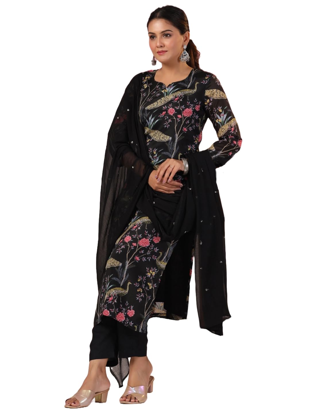 Gosriki Women'S Rayon Blend Printed Straight Kurta With Pant & Dupatta (Geto Black-Nw-Gs_4Xl_Black_Xxxx-Large),Black,4,B0CXPJGW8B