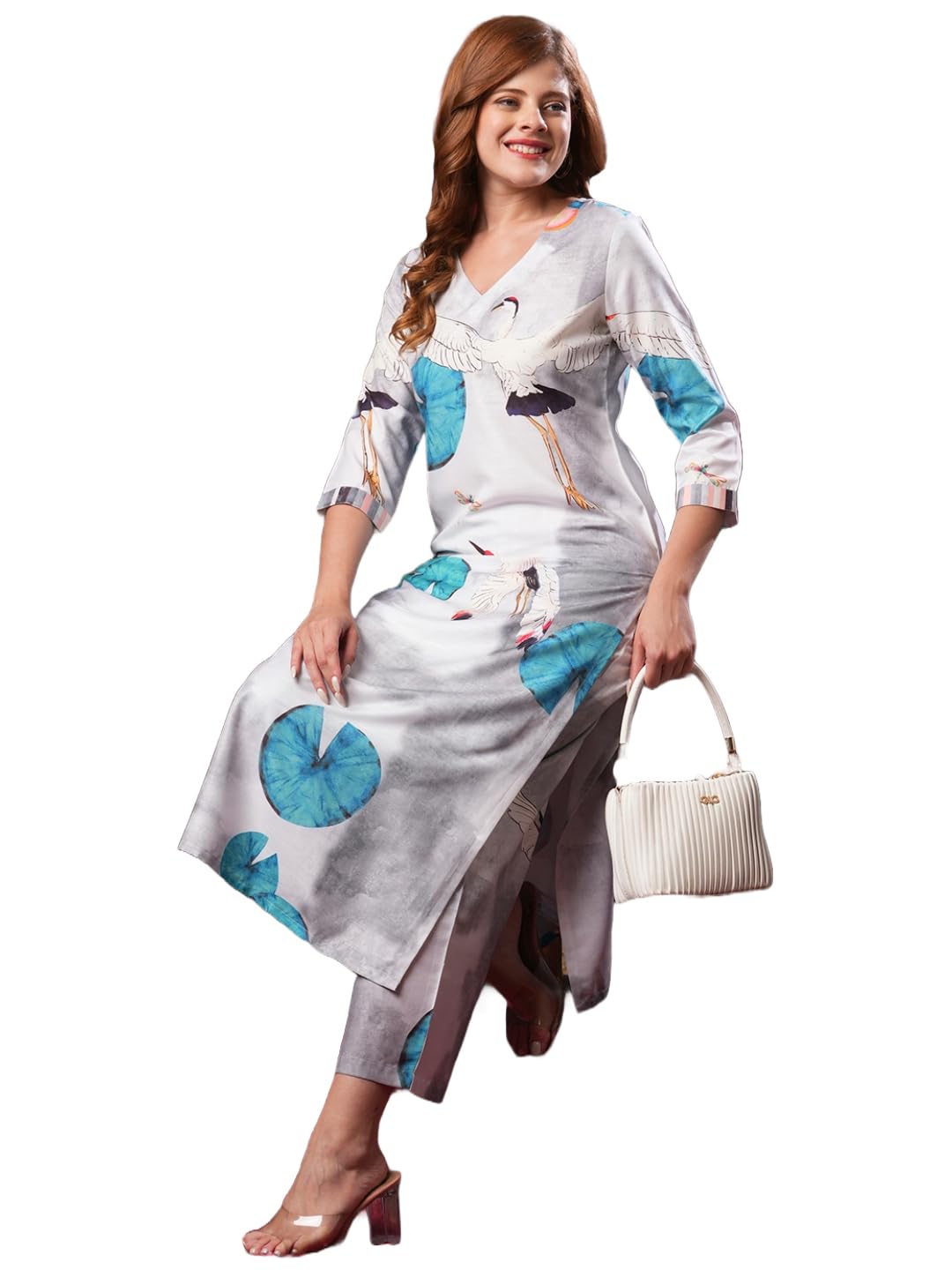 Anni Designer Women'S Cotton Blend Straight Printed Kurta With Palazzo (Swans Grey_Xl_Grey_X-Large),Grey,XL