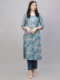 Anni Designer Women'S Cotton Blend Straight Printed Kurta With Pant (Seep Blue-Nw_L_Blue_Large),Blue,L,,,