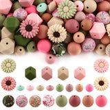 Sunrony 136Pcs Oat Pink Green Hexagon Lentil Print 12mm 14mm 15mm Silicone Beads for Keychain Making, 10mm Rhinestone Spacer Dai