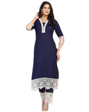 Anni Designer Women'S Cotton Blend Straight Solid Kurta With Pant (Takada Navy Blue_L_Navy Blue_Large),Navy Blue,L