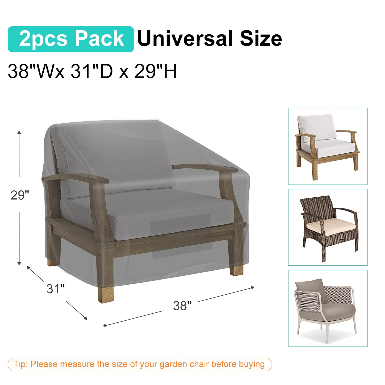 BROSYDA Patio Chair Covers for Outdoor Furniture Waterproof 2 Pack, Lawn Chair Covers 600D Heavy Duty Oxford Cloth, Large Covers