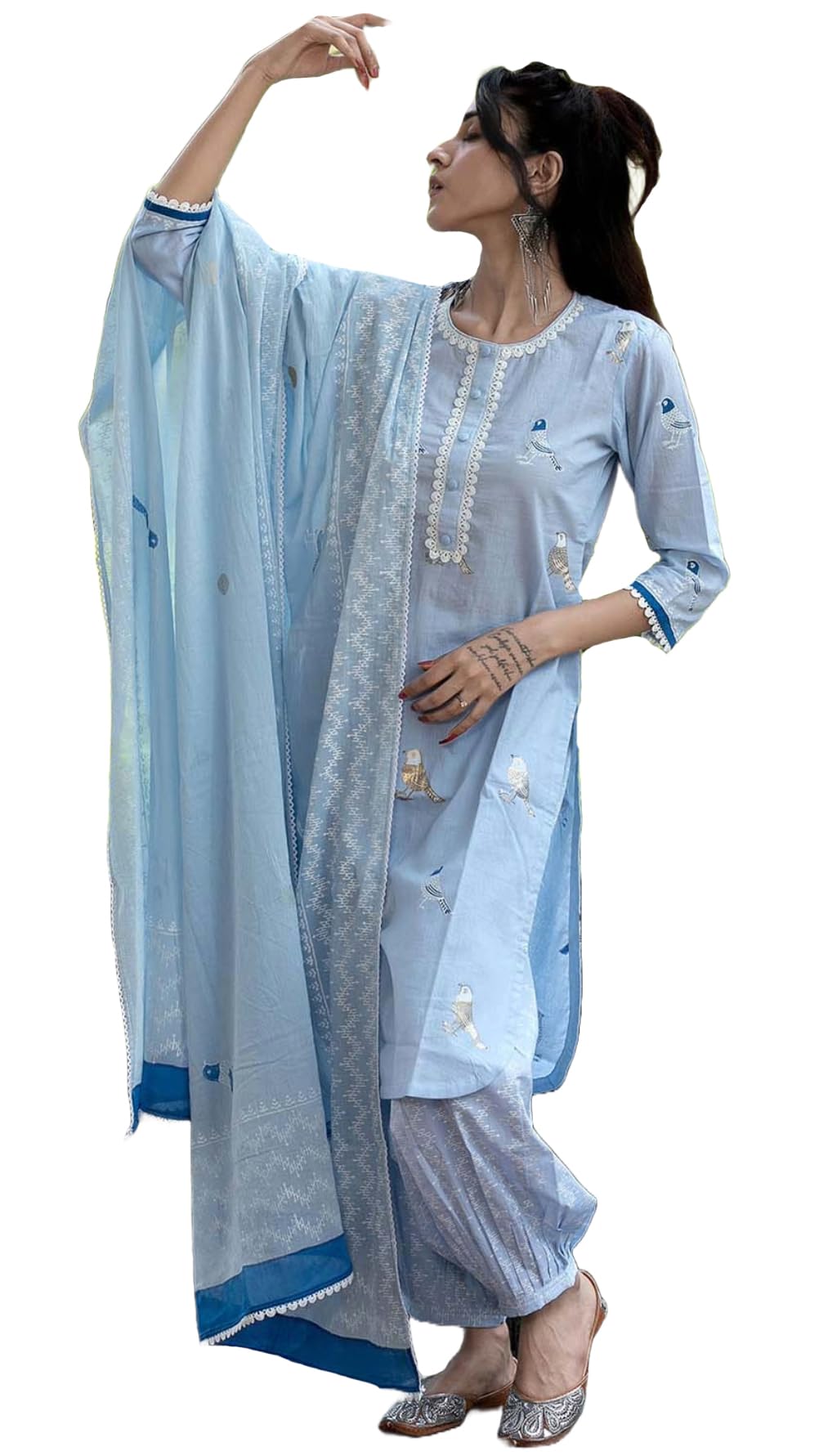 Gosriki Women'S Rayon Blend Hand Block Printed Straight Kurta With Pant & Dupatta (Ragsri Ice Blue-Gs_Xl_Blue_X-Large),Blue,,B0D7SNGB2R