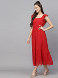 Sugathari Georgette Jacquard Butti Red Square Neck Knee Length Western Dresses For Women (Dress2 89 Red Xl)