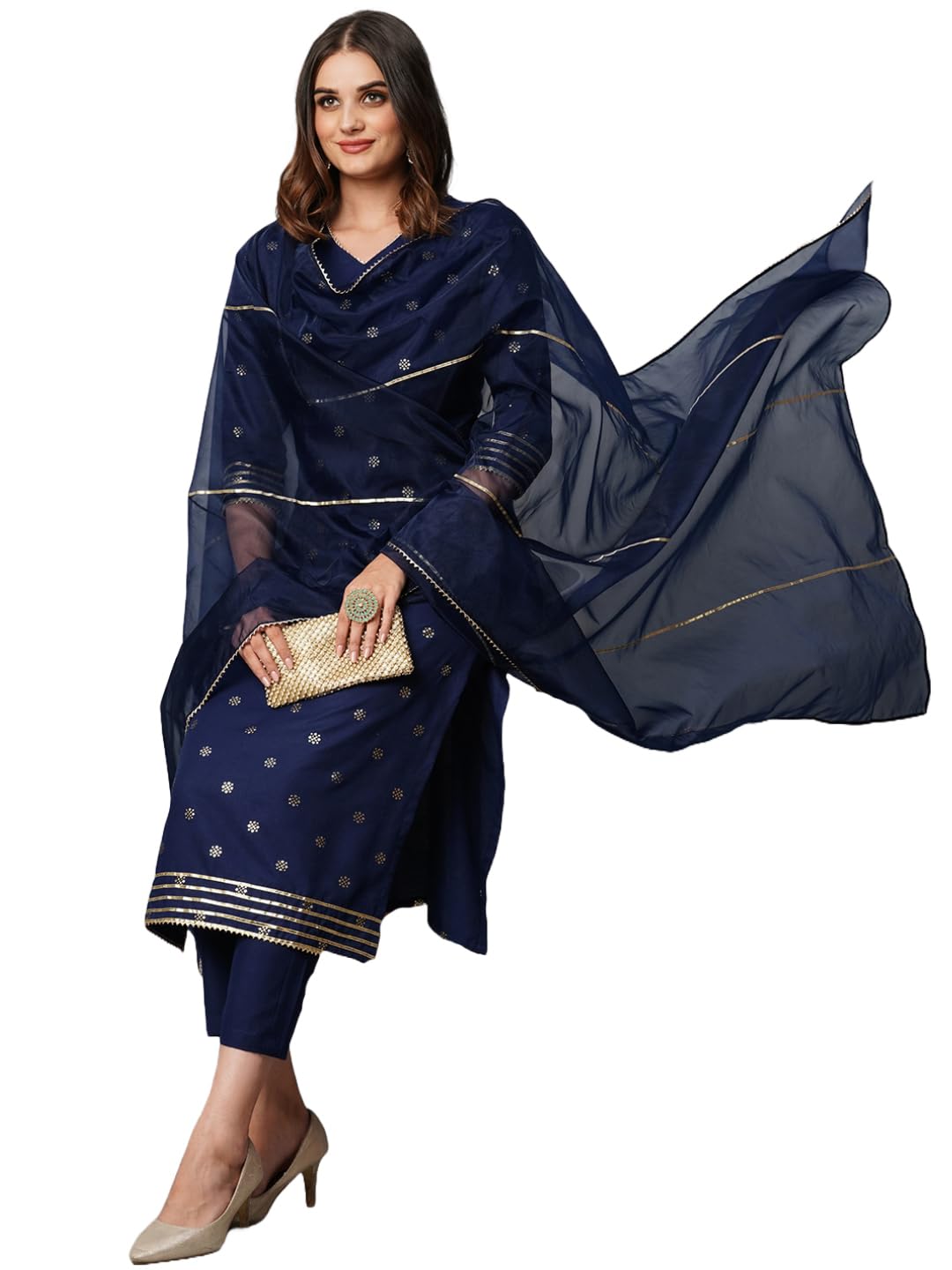 Anni Designer Women'S Cotton Blend Straight Printed Kurta With Pant & Dupatta (Thakor Blue_M_Blue_Medium),Blue,M