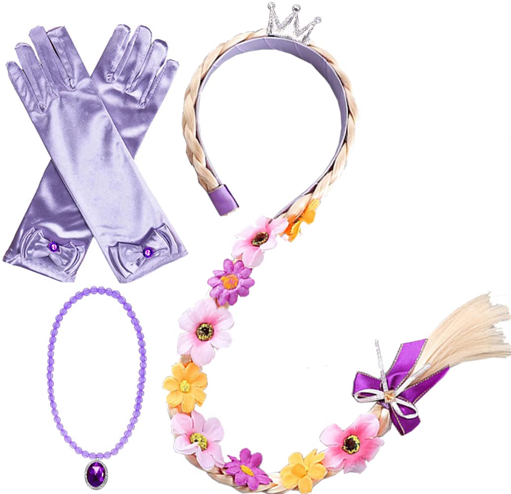 Princess Rapunzel Wig Rapunzel Braid Cosplay Long Hair Wig with Braid Gloves Necklace Dress up Accessories for Girls (purple1)