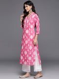 Varanga Women Pink V-Neck Collared Kurta With 3/4Th Sleeves, White Prints & Lace Detailing Around Neck (Extra Large)