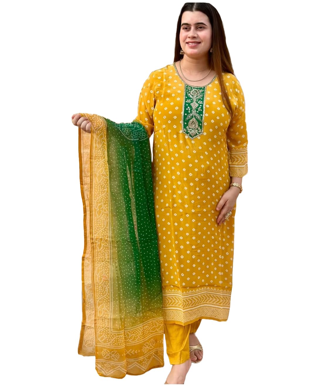 Anni Designer Women'S Rayon Blend Printed Straight Kurta With Pant & Dupatta (Subhi Yellow_Xl_Yellow_X-Large),Yellow,XL