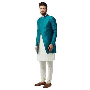 Sojanya (Since 1958, Men'S Silk Blend Cream Kurta Churidaar Pyjama & Peacock Blue Jacket Combo, Size: 38