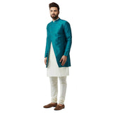 Sojanya (Since 1958, Men'S Silk Blend Cream Kurta Churidaar Pyjama & Peacock Blue Jacket Combo, Size: 38