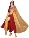 Anni Designer Women'S Rayon Blend Embroidered Anarkali Kurta With Pant & Dupatta (Kausik Red_L_Red_Large),Red,L