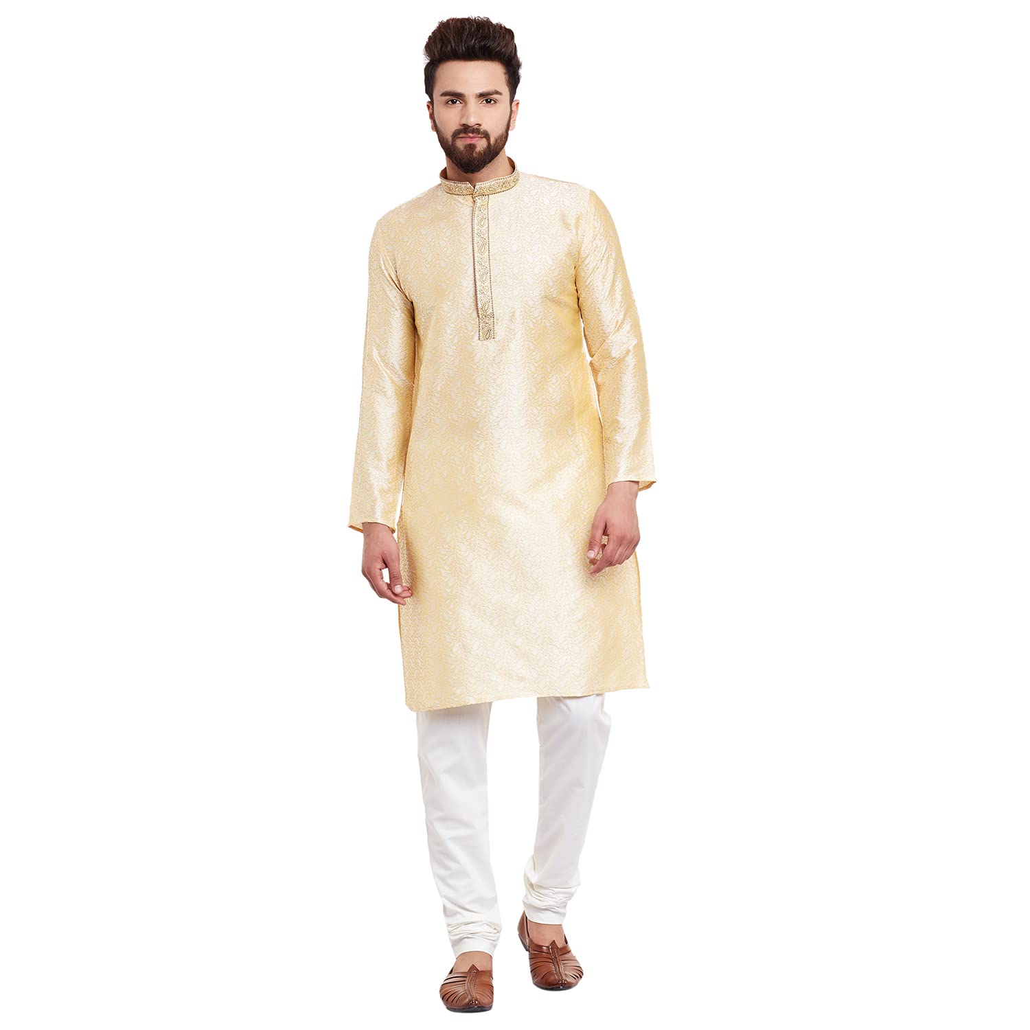 Sojanya (Since 1958 Men'S Golden Bronze Jacquard Silk Kurta & Churidaar Pyjama