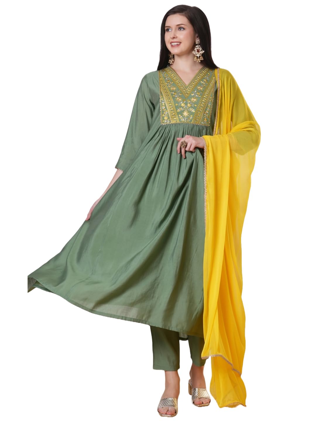 Anni Designer Women'S Rayon Viscose Anarkali Embroidered Kurta With Pant & Dupatta (Padari Green_S_Green_Small),Green,S