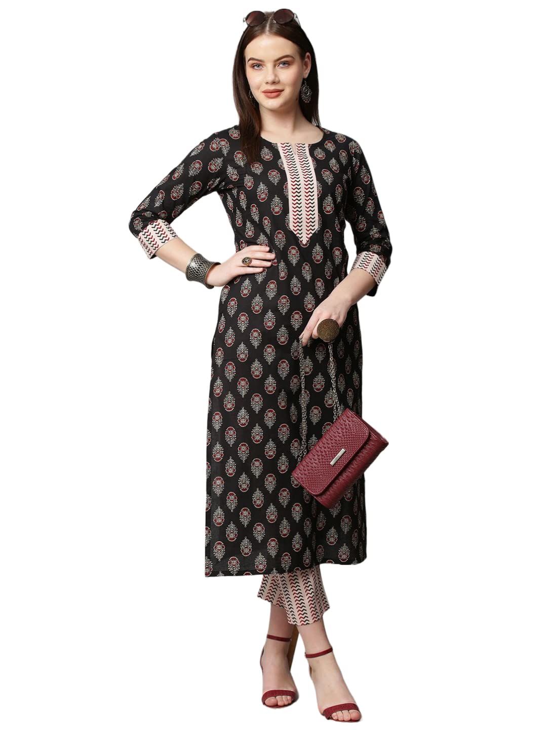 Anni Designer Women'S Cotton Blend Printed Straight Kurta With Pant (Sarva-Black_S_Dark Blue_Small),Black,S