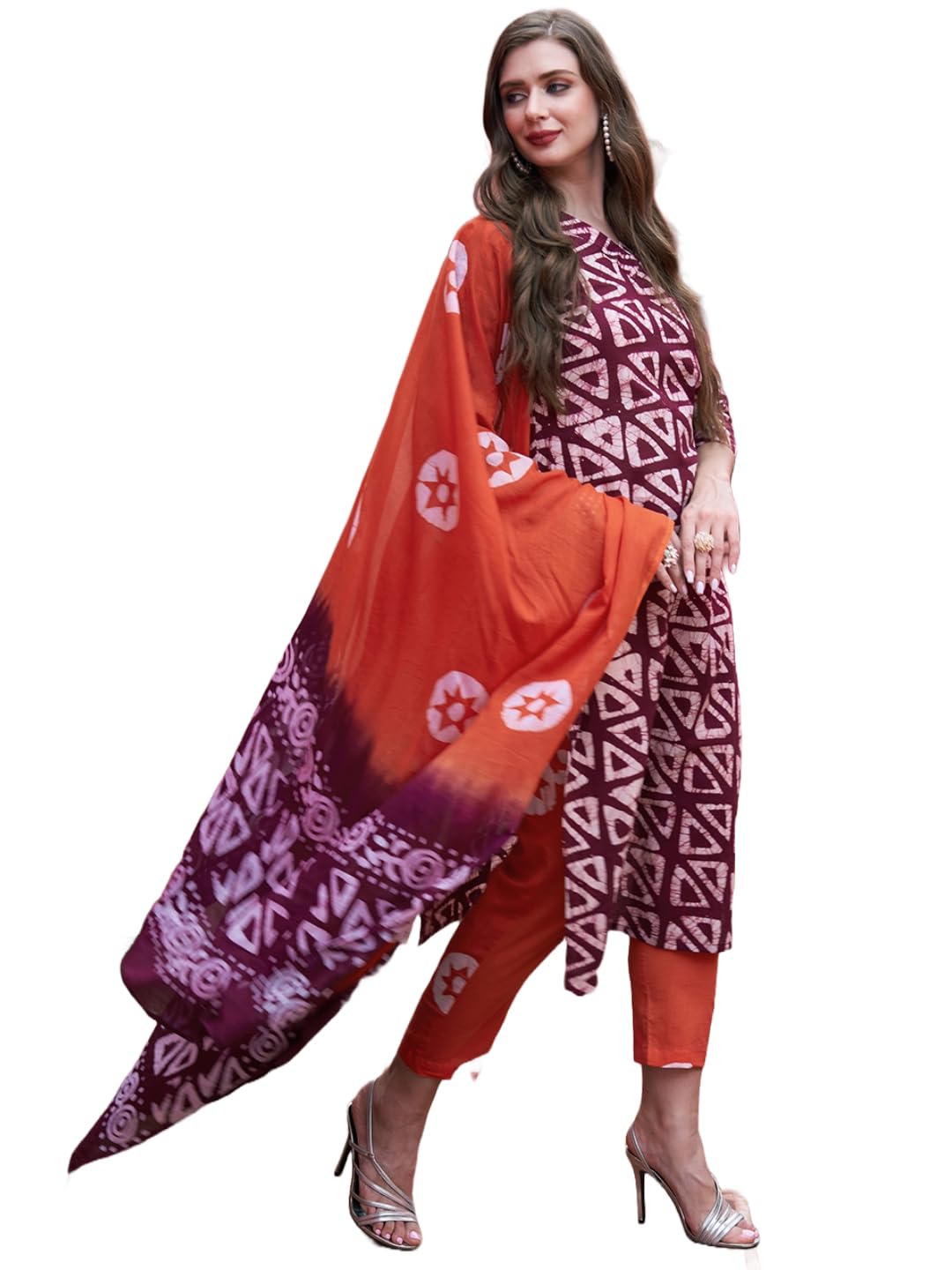 Anni Designer Women'S Cotton Blend Straight Printed Kurta With Pant & Dupatta (Sidda Wine_M_Wine_Medium),Wine,M
