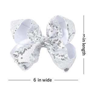 AMYDECOR 6 Inch Silver Sparkly Glitter Sequin Hair Bows for Girls Toddlers Kids Children Teenage (2PCS)