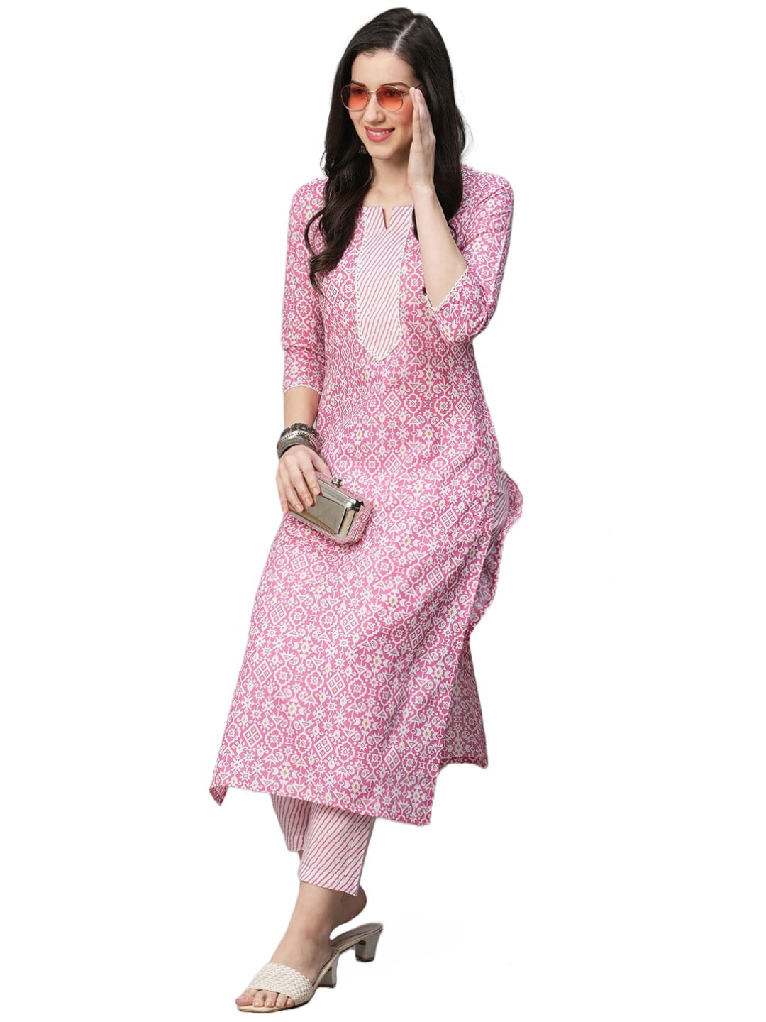 Gosriki Women'S Cotton Blend Printed Straight Kurta With Pant (Kavi Pink-Gs_Xxl_Pink_Xx-Large),Pink,2,B0BSVF87N7