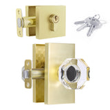 HIEMEY Octagon Crystal Door Knobs and Single Cylinder Deadbolt Set Satin Brass - Key Lock