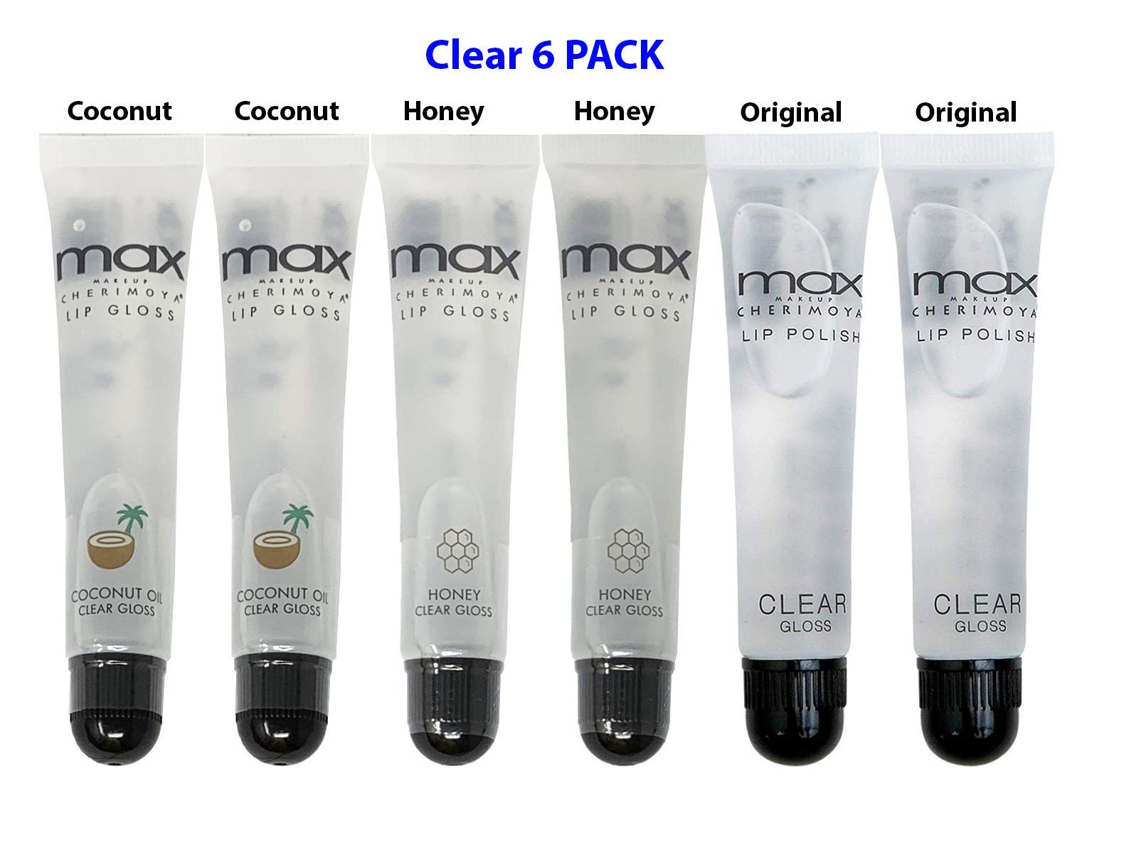 (6Pack) MAX Makeup Cherimoya Lip Polish Coconut Oil Clear Gloss (2Original+2Coconut+2Honey)