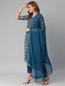 Anni Designer Women'S Banarasi Woven Straight Embellished Printed Kurta With Pant & Dupatta (Kabzaa-Cerosin-Nw_Xl_Dark Blue_X-Large),Dark Blue,XL,Banarasi Woven,Regular,