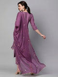 Anni Designer Women'S Cotton Blend Embroidered Straight Kurta With Pant & Dupatta (Kasturi Purple-Nw_M_Purple_Medium),Purple,M,Cotton Blend,Regular,Kurta, Scarf