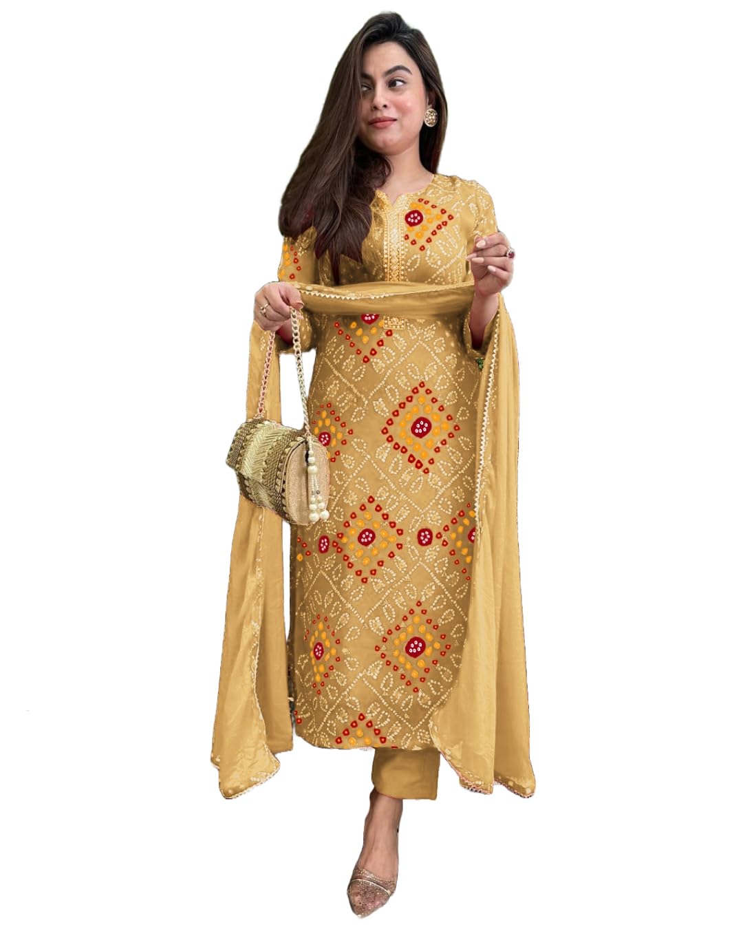 Gosriki Women'S Rayon Blend Straight Bandhej Printed Kurta With Pant & Dupatta (Turae Cream-Vks01-Gs_L_Cream_Large),Cream,,B0DPZ8M2SP