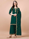 Pratham Blue Kurta Set For Women Silk Embroidered Straight Kurta Set For Women With Palazzos And Dupatta (Pb-6061-S_Green)