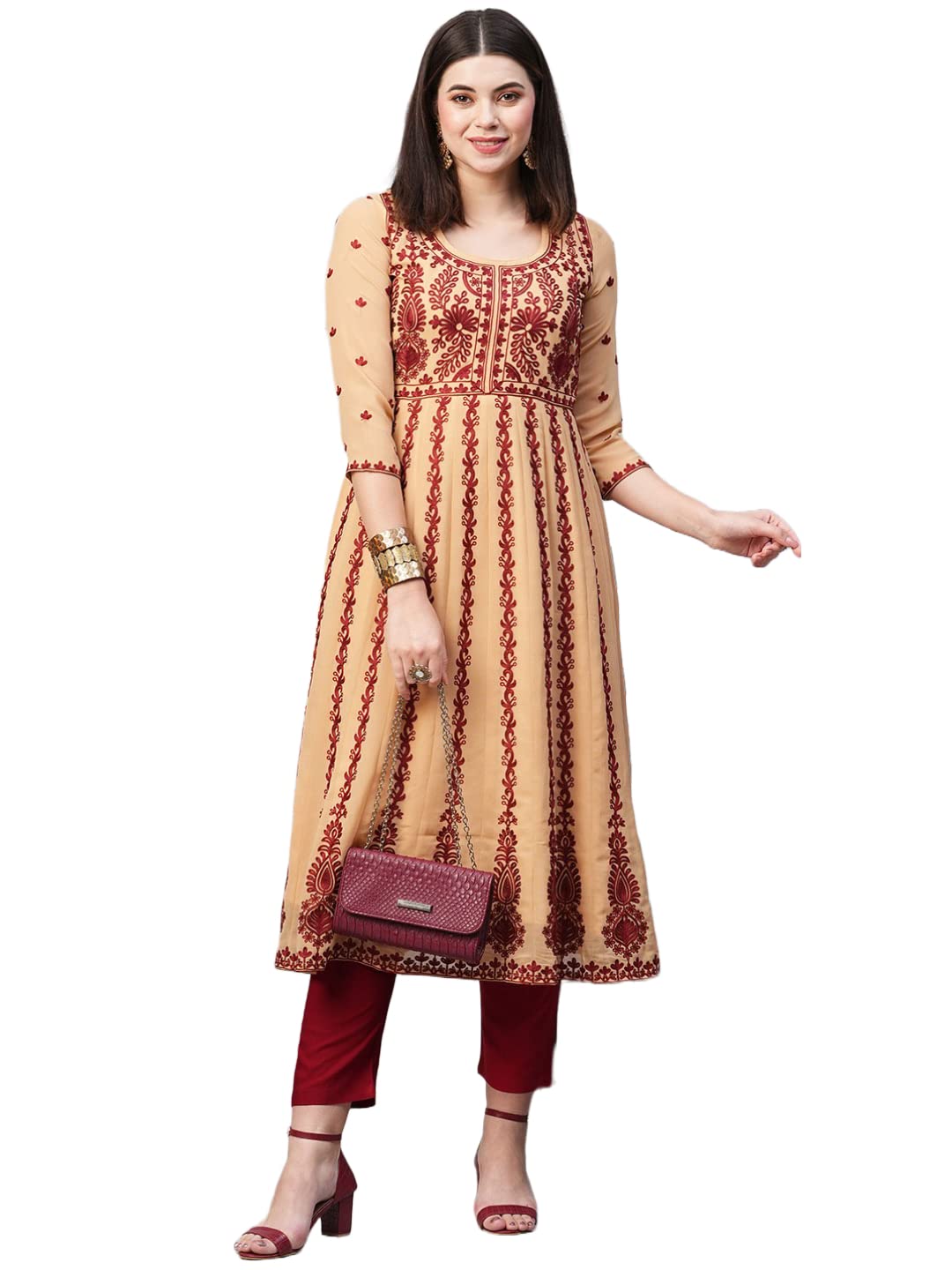Anni Designer Women'S Georgette Chikankari Embroidered Anarkali Kurti (Naav-Beige-Sm_Xl_Beige_X-Large),Beige,XL