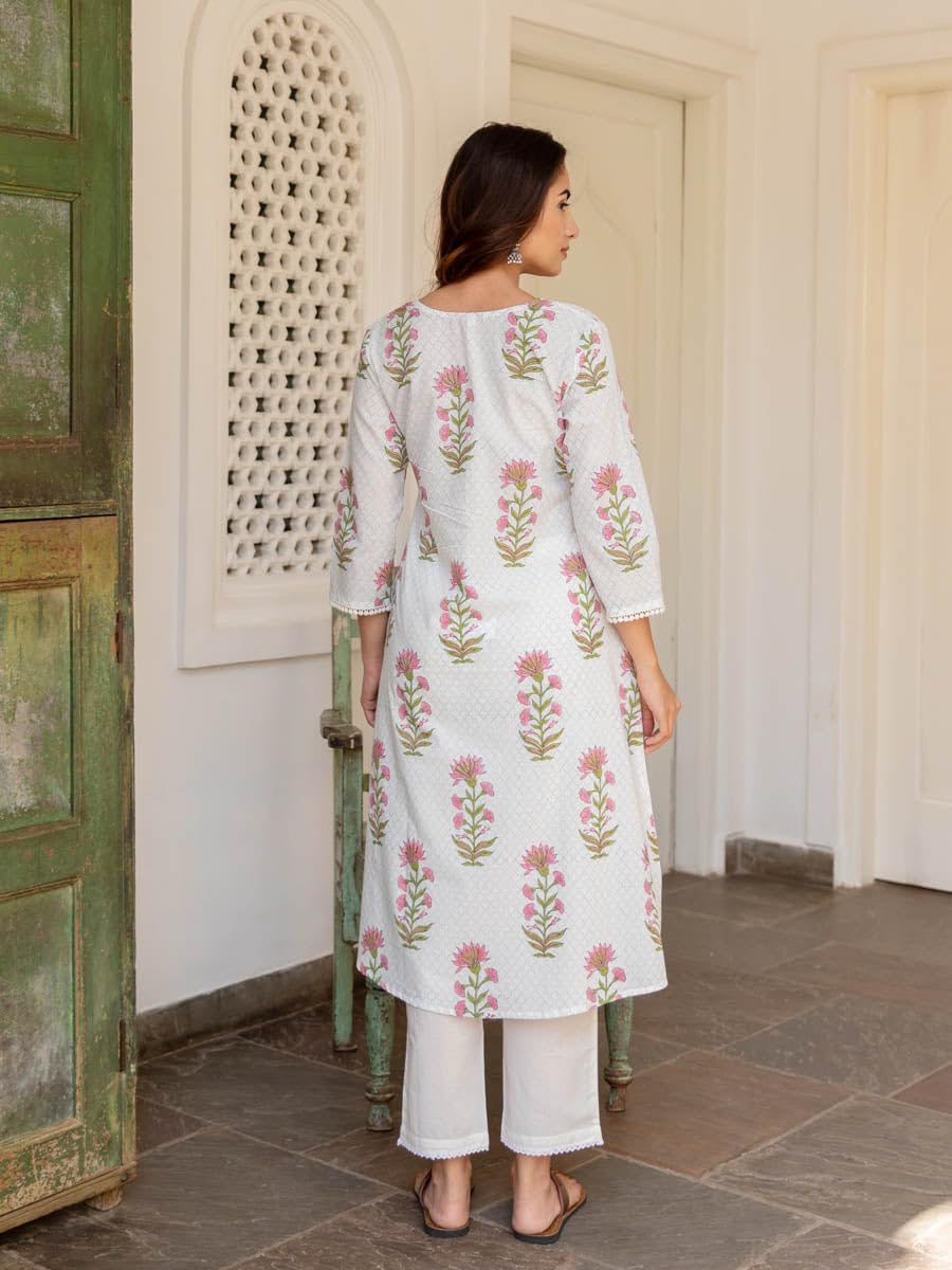 Anni Designer Women'S Rayon Viscose Anarkali Printed Kurta With Pant (Dilam White_L_White_Large),White,L,Rayon Blend,Anarkali,